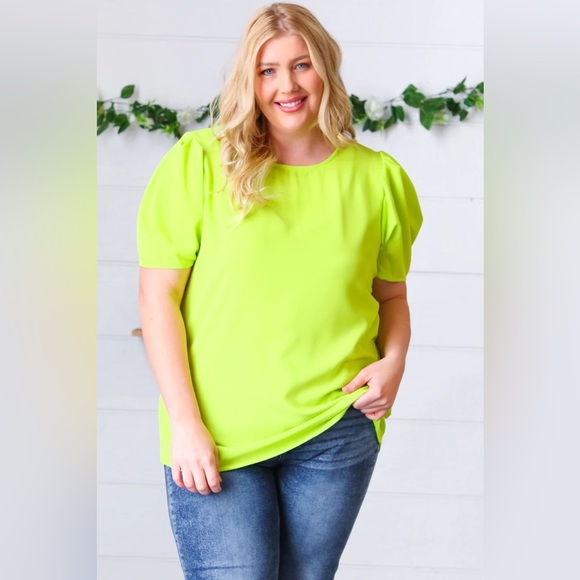 Neon Green Round Neck Puff Sleeve Crepe Top - Picture 1 of 16